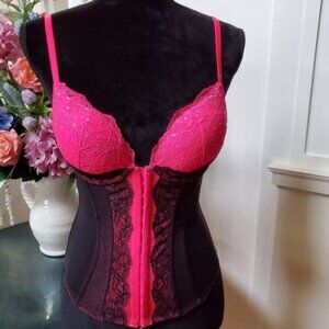 Fuchsia and black lace rhinestone bra corset